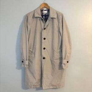 J. Crew Mens Cotton Long Trench Coat Jacket S Khaki Beige Plaid Preppy Classic